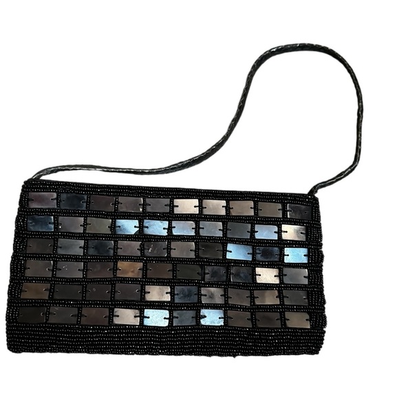 Vintage elegant mother of Pearl squares black evening bag purse beaded handbag - Picture 1 of 9